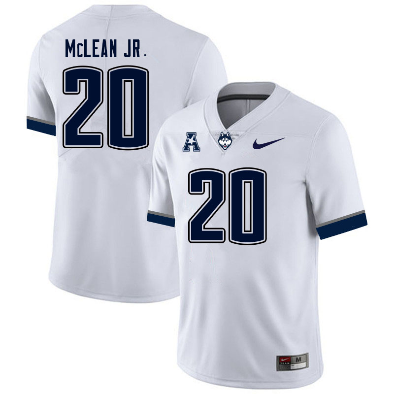 Men #20 Deon Mclean Jr. Uconn Huskies College Football Jerseys Sale-White - Click Image to Close